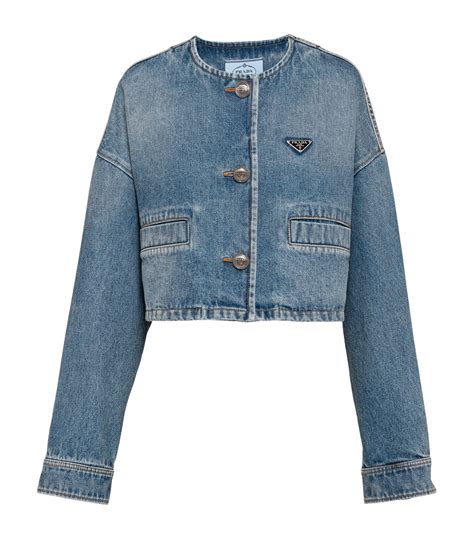 prada collarless denim jacket|Prada denim bralette.